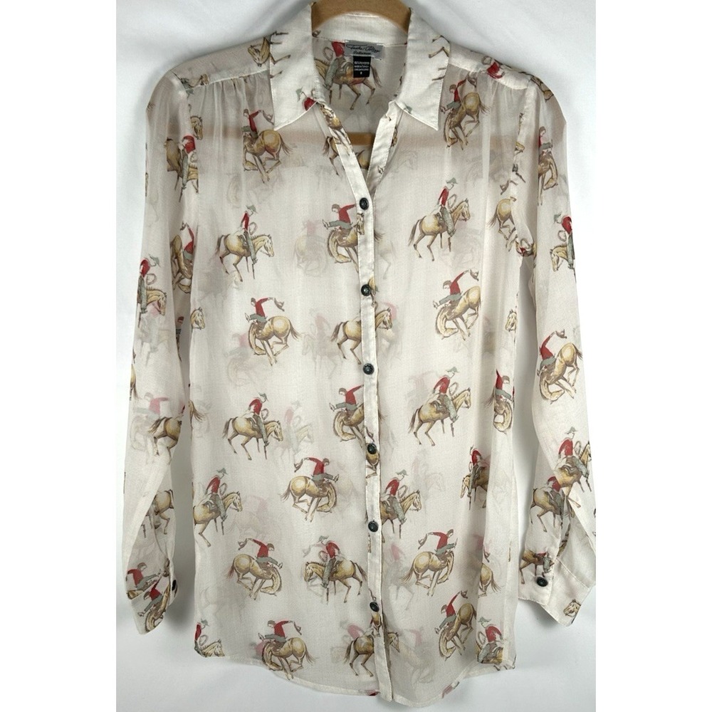 Tasha Polizzi Cowboy Horse Rodeo Sheer Button Top Womens S Equestrian Bronco
